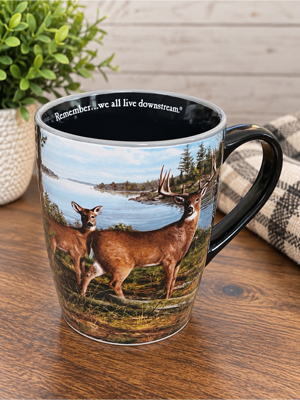 Bass Pro HUGE 24oz Whitetail Deer Mug “Remember…we all live downstream” NWOT